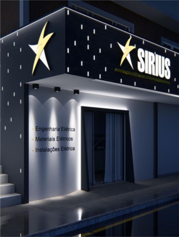 Fachada da Sirius, com o letreiro e os dizeres Engenharia Elétrica, Materiais Elétricos e Instalações Elétricas